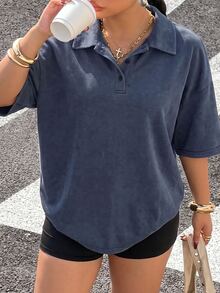 Muchica Plus Size Solid Color Dropped Shoulder Short Sleeve Half-Zip Casual Loose Versatile T-Shirt - Navy Blue - View 4