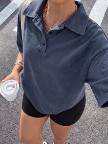 Muchica Plus Size Solid Color Dropped Shoulder Short Sleeve Half-Zip Casual Loose Versatile T-Shirt - Navy Blue - View 5