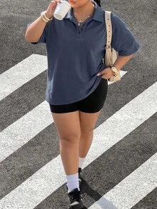 Muchica Plus Size Solid Color Dropped Shoulder Short Sleeve Half-Zip Casual Loose Versatile T-Shirt - Navy Blue - View 3
