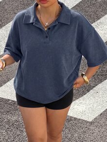 Muchica Plus Size Solid Color Dropped Shoulder Short Sleeve Half-Zip Casual Loose Versatile T-Shirt - Navy Blue - View 6