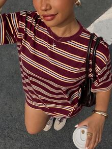 Muchica Plus Size Women's Spring/Summer Burgundy Colorblock Short Sleeve Top And Shorts Casual Smart Casual Daily 2-Piece Set Holiday Vacation Date Night - Burgundy - View 6