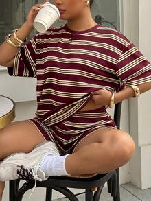 Muchica Plus Size Women's Spring/Summer Burgundy Colorblock Short Sleeve Top And Shorts Casual Smart Casual Daily 2-Piece Set Holiday Vacation Date Night - Burgundy - View 4