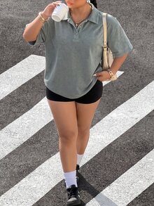 Muchica 大尺碼女款純色休閒西式熱帶短袖T恤 橄欖綠 夏季正式度假外出穿搭 - 軍綠色 - 查看 6