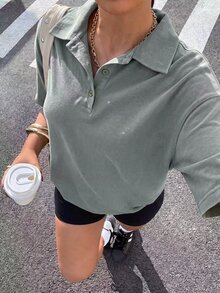 Muchica 大尺碼女款純色休閒西式熱帶短袖T恤 橄欖綠 夏季正式度假外出穿搭 - 軍綠色 - 查看 4