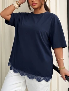 Muchica 大码女式夏季休闲度假日常通勤简约纯色蕾丝拼接落肩宽松T恤 - 藏蓝色 - 查看 5
