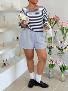 Muchica Plus Size Women Spring/Autumn Casual Vacation Daily Commute Office Colorblock White Print Long Sleeve T-Shirt - Navy Blue - View 3