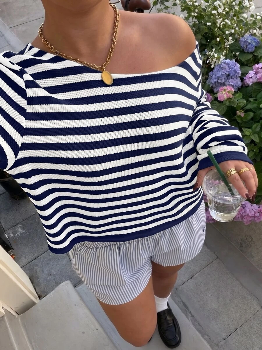 Muchica Plus Size Women Spring/Autumn Casual Vacation Daily Commute Office Colorblock White Print Long Sleeve T-Shirt - Navy Blue - View 1