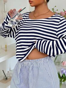 Muchica Plus Size Women Spring/Autumn Casual Vacation Daily Commute Office Colorblock White Print Long Sleeve T-Shirt - Navy Blue - View 6