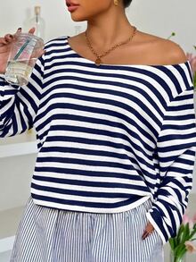 Muchica Plus Size Women Spring/Autumn Casual Vacation Daily Commute Office Colorblock White Print Long Sleeve T-Shirt - Navy Blue - View 4