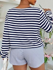 Muchica Plus Size Women Spring/Autumn Casual Vacation Daily Commute Office Colorblock White Print Long Sleeve T-Shirt - Navy Blue - View 2