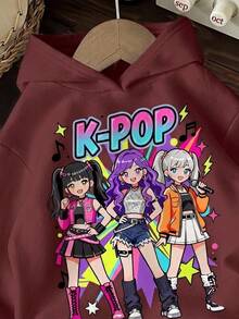 奶油白 Y2K 時尚街頭風 K-Pop 韓流女孩賽博霓虹圖案印花女款休閒舒適寬鬆厚款連帽衛衣，適合秋冬日常穿著、運動、返校、出遊、街舞、音樂節，復古韓流高街甜酷女孩慵懶時尚少女風 - 中紫紅色 - 查看 3