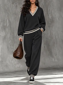 LUMIGAL Setelan 2 Potong Wanita Musim Gugur/Dingin Terbaru: Sweatshirt V-Neck Bergaris Patchwork dan Celana Panjang Longgar yang Melangsingkan, Cocok untuk Perjalanan Sehari-hari - Hitam - View 1
