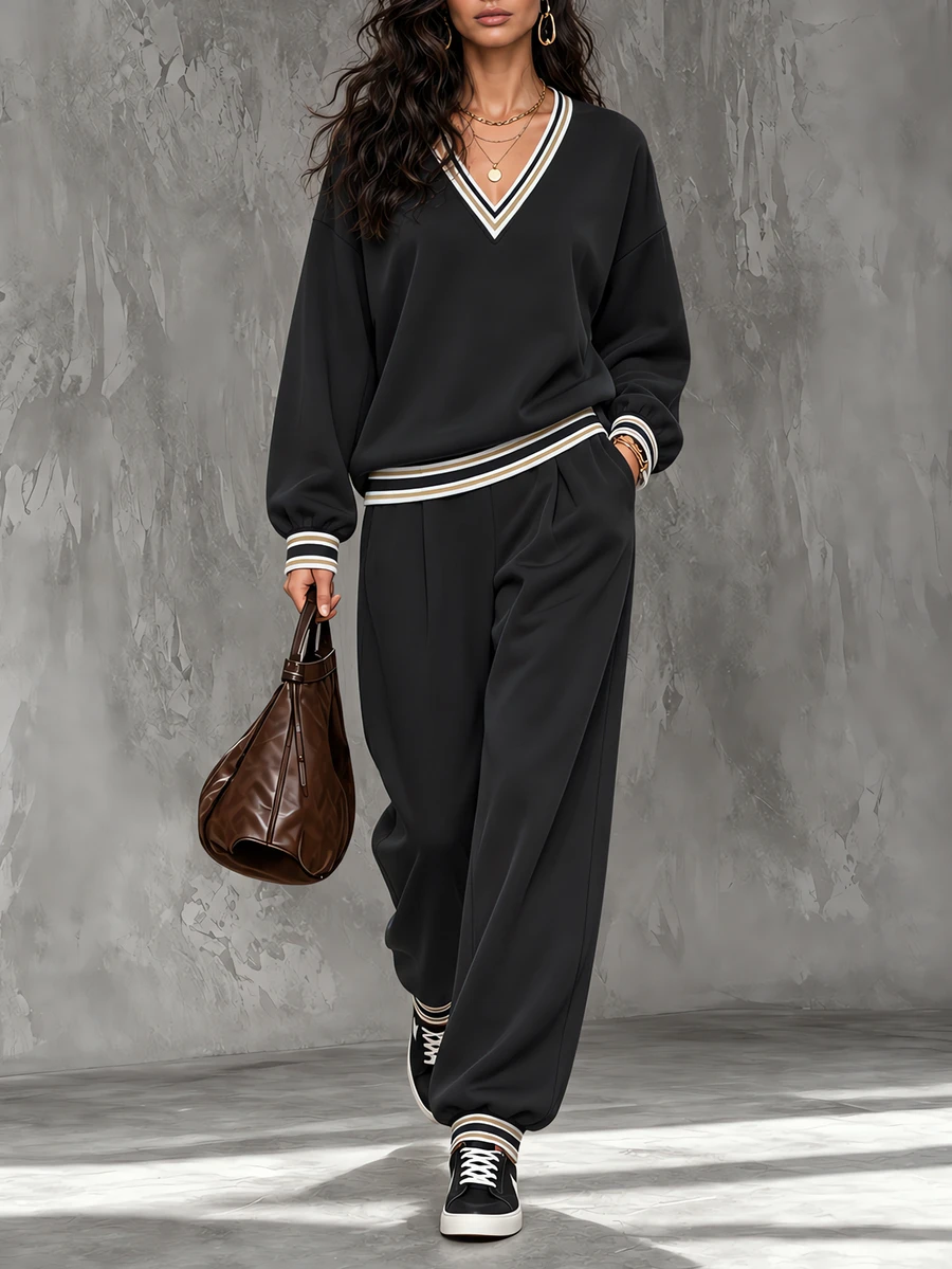 LUMIGAL Setelan 2 Potong Wanita Musim Gugur/Dingin Terbaru: Sweatshirt V-Neck Bergaris Patchwork dan Celana Panjang Longgar yang Melangsingkan, Cocok untuk Perjalanan Sehari-hari - Hitam - View 1