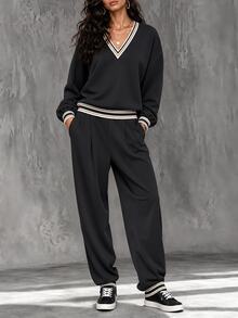 LUMIGAL Setelan 2 Potong Wanita Musim Gugur/Dingin Terbaru: Sweatshirt V-Neck Bergaris Patchwork dan Celana Panjang Longgar yang Melangsingkan, Cocok untuk Perjalanan Sehari-hari - Hitam - View 6