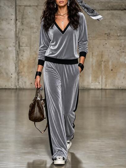LUMIGAL Urban Street Sport Casual Women's Minimalist V-Neck Long Sleeve Loose Pants 2 Pieces Set
