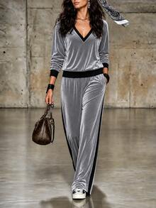 LUMIGAL Urban Street Sport Casual Women's Minimalist V-Neck Long Sleeve Loose Pants 2 Pieces Set - Grey - View 4