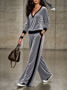 LUMIGAL Urban Street Sport Casual Women's Minimalist V-Neck Long Sleeve Loose Pants 2 Pieces Set - Grey - View 5