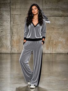 LUMIGAL Urban Street Sport Casual Women's Minimalist V-Neck Long Sleeve Loose Pants 2 Pieces Set - Grey - View 2
