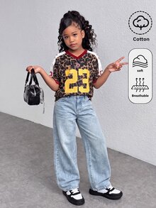 SHEIN 兒童青少年女孩淺藍色寬腿休閒寬鬆牛仔褲 秋冬休閒萬聖節新年校園 Y2K 藍色牛仔褲 - 藍色 - 查看 9