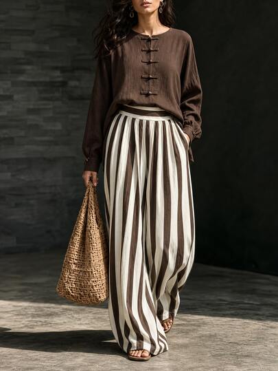 LUMIGAL Set da 2 pezzi da donna con camicia a maniche lunghe con bottoni a forma di rana e pantaloni a gamba larga a righe abbinati