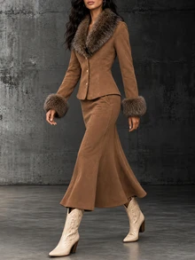 LUMIGAL Autumn/Winter New Women's Fur Collar Jacket And Waist-Cinching Skirt 2 Pieces Set For Commute, Date And Party - Brown - View 5