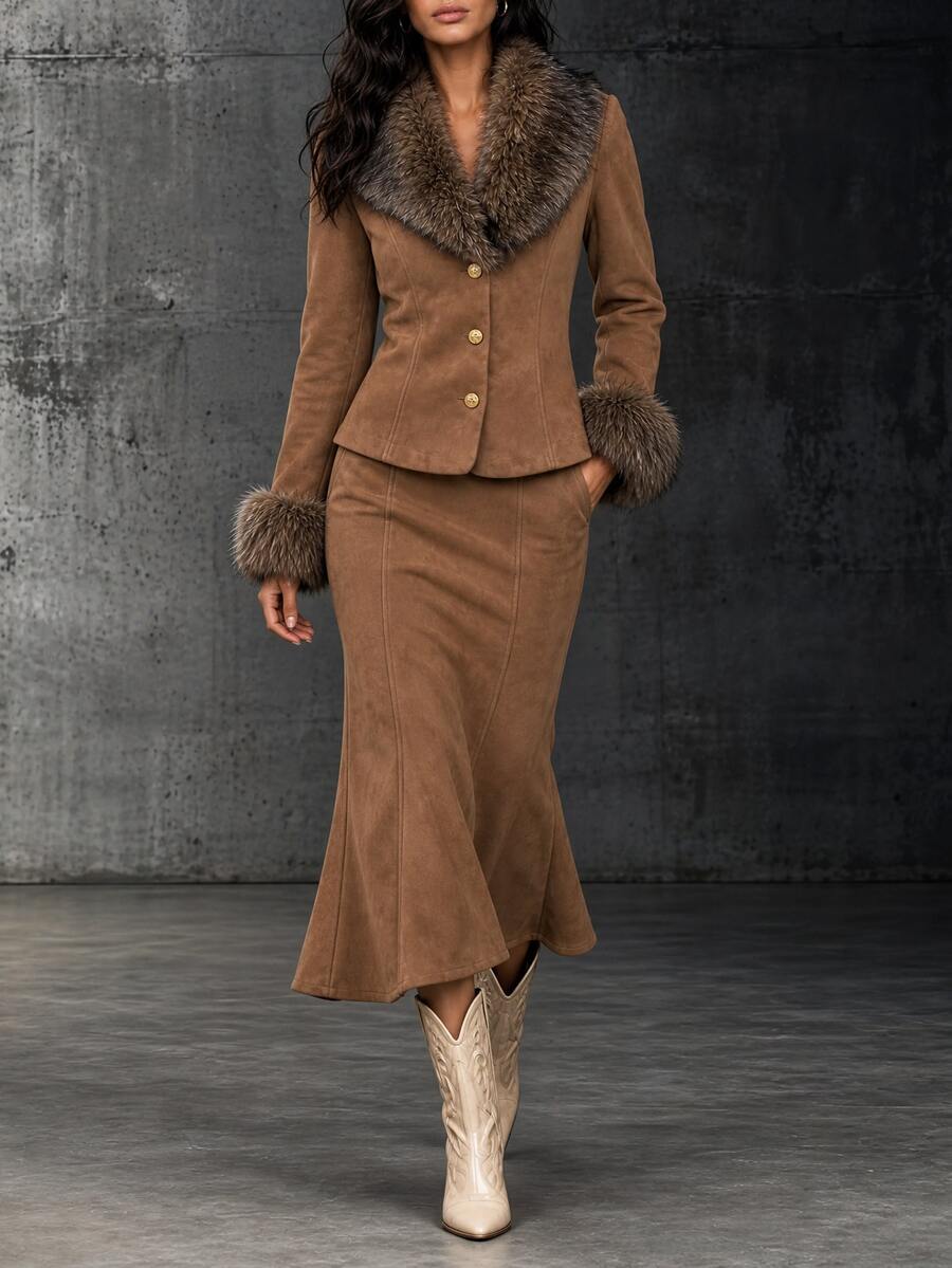 LUMIGAL Autumn/Winter New Women's Fur Collar Jacket And Waist-Cinching Skirt 2 Pieces Set For Commute, Date And Party - Brown - View 1