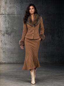LUMIGAL Autumn/Winter New Women's Fur Collar Jacket And Waist-Cinching Skirt 2 Pieces Set For Commute, Date And Party - Brown - View 3