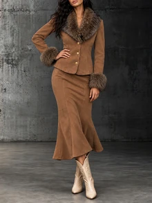 LUMIGAL Autumn/Winter New Women's Fur Collar Jacket And Waist-Cinching Skirt 2 Pieces Set For Commute, Date And Party - Brown - View 4