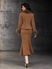 LUMIGAL Autumn/Winter New Women's Fur Collar Jacket And Waist-Cinching Skirt 2 Pieces Set For Commute, Date And Party - Brown - View 2