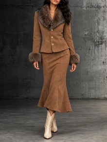 LUMIGAL Autumn/Winter New Women's Fur Collar Jacket And Waist-Cinching Skirt 2 Pieces Set For Commute, Date And Party - Brown - View 6