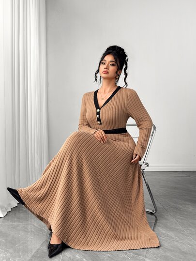 Elenzga Plus Size Women's Fashion Elegant Small V-Neck Black Patchwork Long Sleeve Textured Brushed Fabric Spring Autumn Cinched Waist Mid-Length Dress