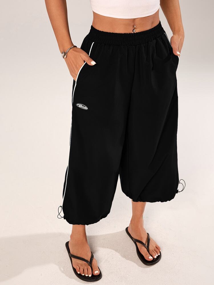 Vivamere Women's Striped Contrast Color Embroidered Pocket Capri Pants, Versatile For Daily Wear - Black - View 6