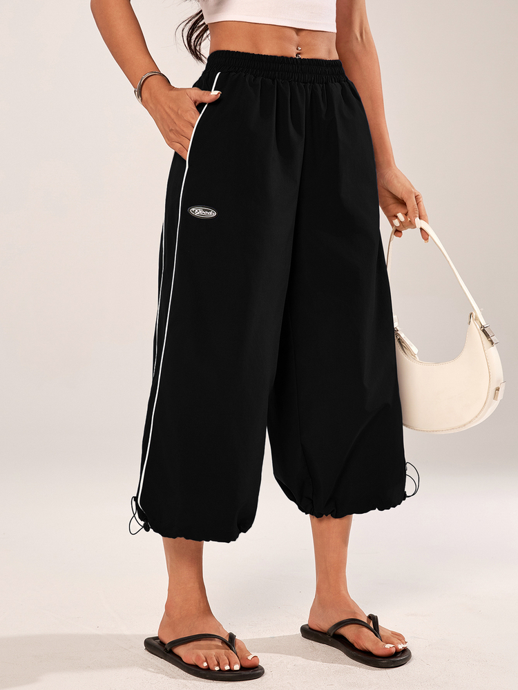 Vivamere Women's Striped Contrast Color Embroidered Pocket Capri Pants, Versatile For Daily Wear - Black - View 5