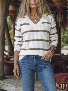 EMERY ROSE White V-Neck Drop Shoulder Long Sleeve Casual Loose T-Shirt Travel Autumn - Multicolor - View 3