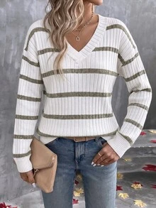 EMERY ROSE White V-Neck Drop Shoulder Long Sleeve Casual Loose T-Shirt Travel Autumn - Multicolor - View 6
