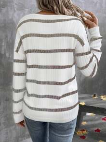 EMERY ROSE White V-Neck Drop Shoulder Long Sleeve Casual Loose T-Shirt Travel Autumn - Multicolor - View 4