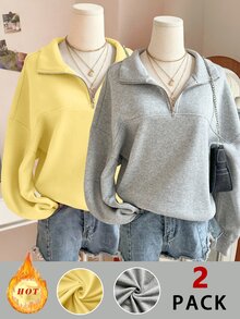 INAWLY 女款純色落肩長袖休閒拉鍊連帽衛衣 - 彩色 - 查看 3