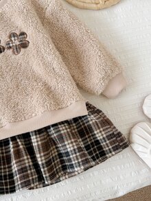 SHEIN 女嬰彈性雙面毛絨拼接編織格紋下擺休閒秋季洋裝，保暖內裡刷毛加厚冬季款 - 卡其色 - 查看 8
