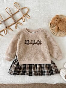 SHEIN 女嬰彈性雙面毛絨拼接編織格紋下擺休閒秋季洋裝，保暖內裡刷毛加厚冬季款 - 卡其色 - 查看 5