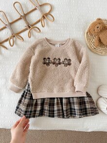 SHEIN 女嬰彈性雙面毛絨拼接編織格紋下擺休閒秋季洋裝，保暖內裡刷毛加厚冬季款 - 卡其色 - 查看 3