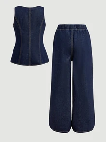 SHEIN Firerie Kids Kids 2Pcs Tween Girl Y2k Gold Star Shell Button Design Dark Blue Denim Sleeveless Jacket And Loose Jeans - Blue - View 2