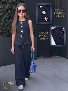 SHEIN Firerie Kids Kids 2Pcs Tween Girl Y2k Gold Star Shell Button Design Dark Blue Denim Sleeveless Jacket And Loose Jeans - Blue - View 3
