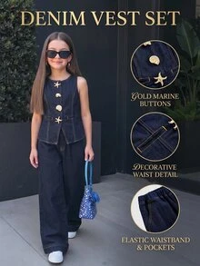 SHEIN Firerie Kids Kids 2Pcs Tween Girl Y2k Gold Star Shell Button Design Dark Blue Denim Sleeveless Jacket And Loose Jeans - Blue - View 4