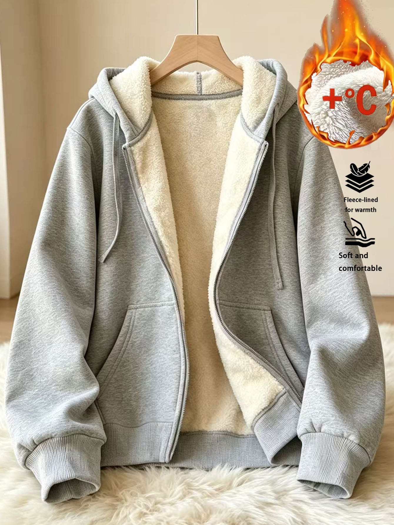 Resyla Áo nỉ nữ màu trơn lót giữ nhiệt phong cách thường ngày - Xám - Xem 1