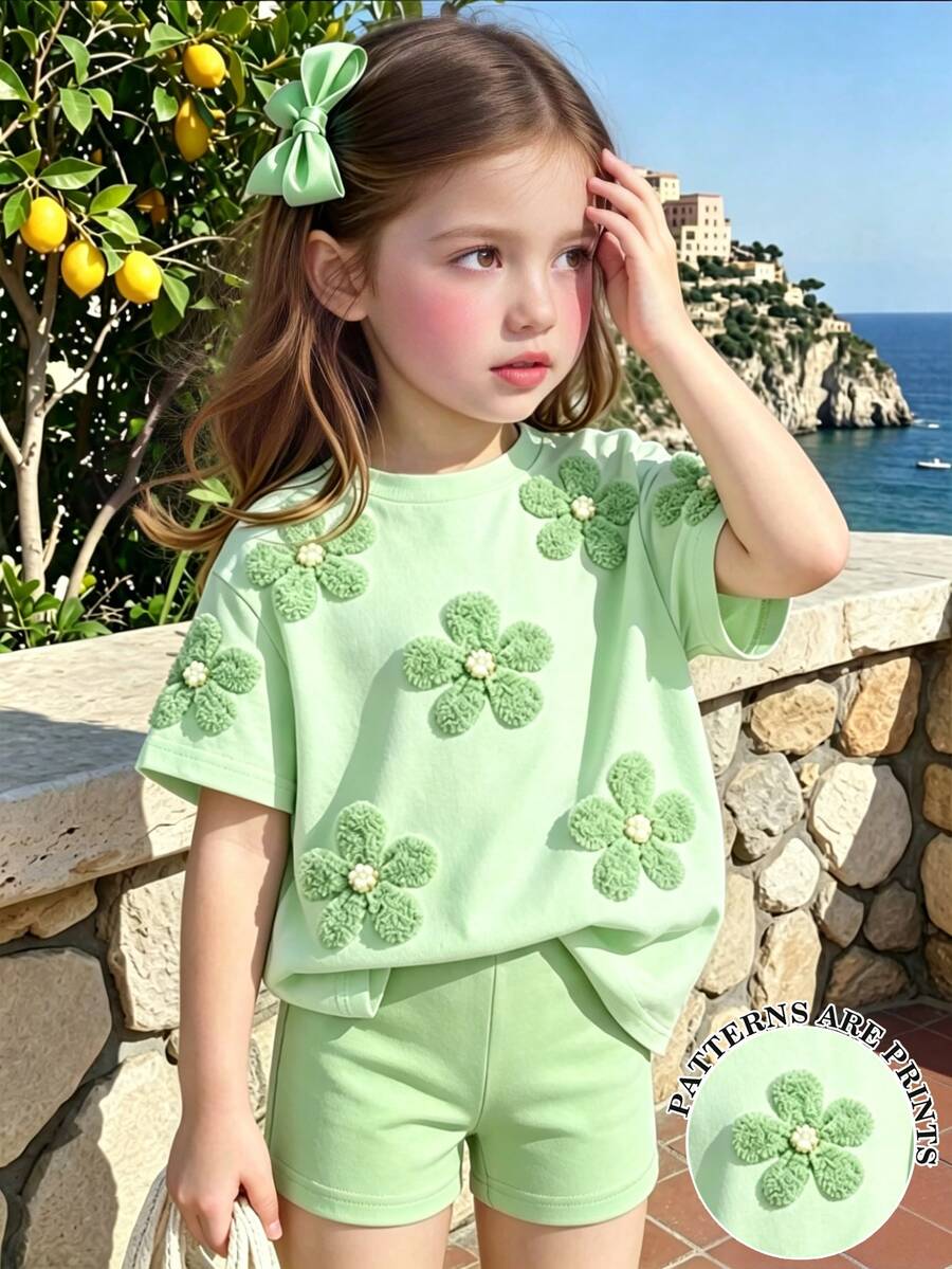 SHEIN 少女 2件/套休閒時尚百搭春夏季T恤套裝,可愛甜美草綠色碎花上衣,寬鬆圓領短袖T恤與單車短褲 2件/套,春夏季服裝套裝,時尚女孩穿搭,休閒穿著,新風格,春季氛圍,輕鬆夏季度假 - 彩色 - 查看 1