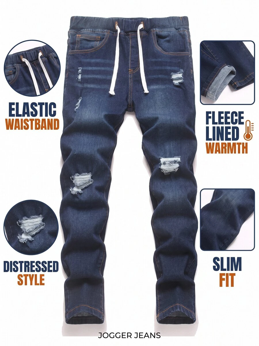 Kids Tween Boys' Deep Blue Denim Distressed Thermal-Lined Stretch Skinny Long Pants, Autumn/Winter - Blue - View 1