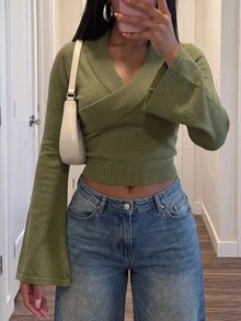 Slaydiva ملابس علوية نسائية قصيرة ضيقة بتصميم متقاطع وفتحة رقبة على شكل حرف V، من قماش محبوك مضلع، بأكمام واسعة مكشوفة الكتف، بأسلوب Y2K Coquette وستريت وير، للخريف والخروجات - أخضر عسكري - مشاهدة 9