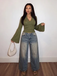 Slaydiva ملابس علوية نسائية قصيرة ضيقة بتصميم متقاطع وفتحة رقبة على شكل حرف V، من قماش محبوك مضلع، بأكمام واسعة مكشوفة الكتف، بأسلوب Y2K Coquette وستريت وير، للخريف والخروجات - أخضر عسكري - مشاهدة 7