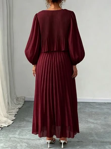 Elenzga 大尺碼女款保守長款燈籠袖百褶A字長洋裝，優雅酒紅色雪紡圓領秋季派對辦公洋裝 - 酒紅色 - 查看 3