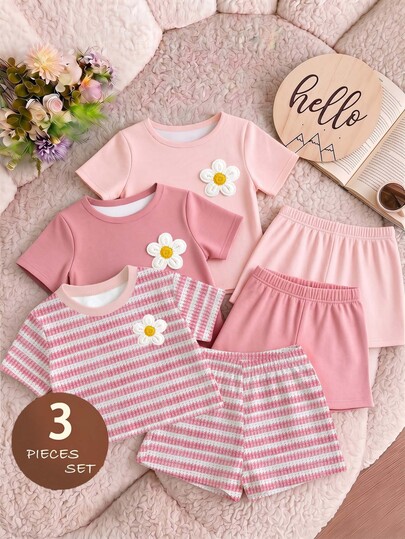 3pcs Baby Girl Floral Decoration Short-Sleeved Tee, For Casual Everyday Wear
